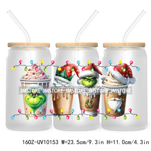 Christmas Coffee Cups Green Guy 16OZ UV Cup Wrap DTF Transfer Stickers For Libbey Glass Can Cup Tumbler Waterproof Label Cartoon