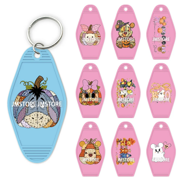 Cartoon Bear Pumpkin Fall Autumn Halloween UV DTF Motel Keychain Wraps Ready To Apply Custom High Quality Hotel Keychain Decals