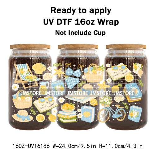 Preppy Lemon Summer Girly Beach Bookish UV DTF Wraps Transfer Sticker Custom Waterproof Logo For 16OZ Libbey Glass Can Tumbler