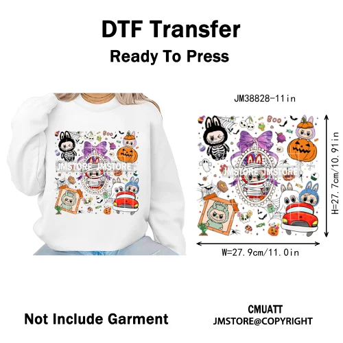 Cute Checkered Spooky Doll Monster Characters Halloween Iron on DTF Washable Heat Transfers Stickers Ready to Press for Textile