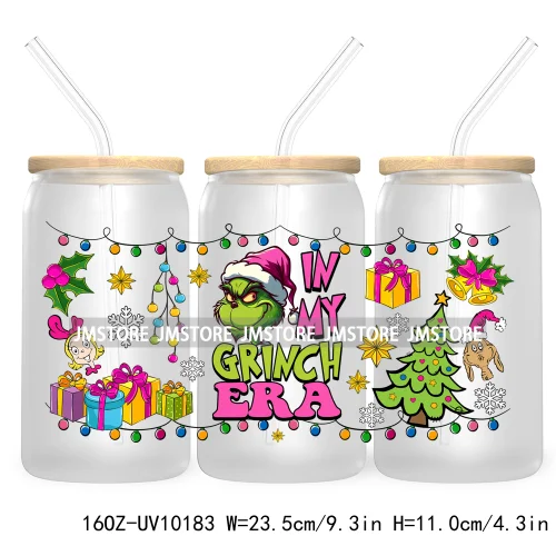 In My Christmas Era UV DTF Sticker For 16OZ Libbey Glass Cup Can Wrap Green Character Transfer Stickers Custom Labels DIY Logo