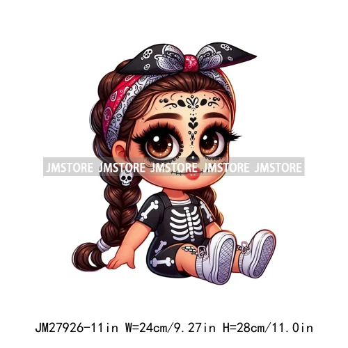 Halloween Skeleton Latina Baby Chibi Hispanic Girls Spooky Season DTF Iron On Transfers Stickers Ready To Press For Clothing