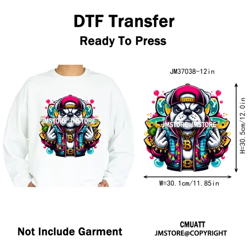 12in Streetwear Vibes Rich Cool Cartoon Bulldog King Designs Washable Iron on DTF Transfers Stickers Ready to Press for Clothes