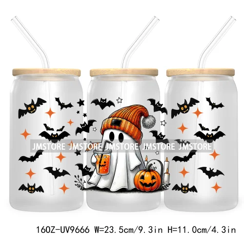 Spooky Ghost Fall Halloween Pumpkin Season UV DTF Sticker For 16OZ Libbey Glass Cup Can Autumn Leaves Wrap Transfer Stickers