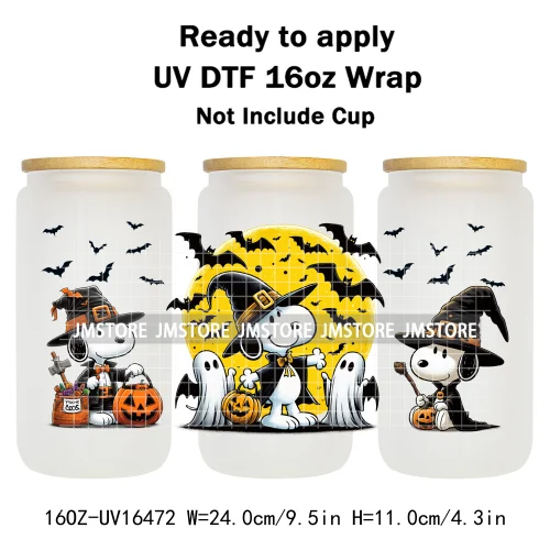 Spooky Ghost Halloween Pumpkin Cartoon Dog 16OZ UV DTF Cup Wraps Ready To Apply Waterproof Transfer Sticker For Libbey Glass Can