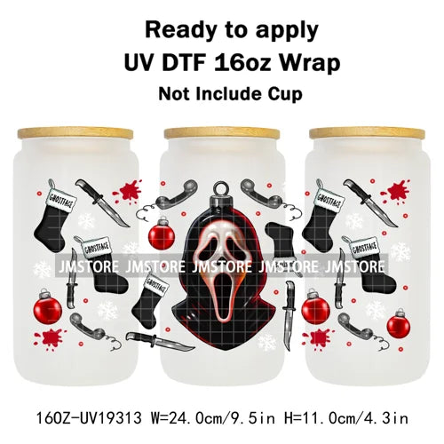 Horror Killers Christmas Ball Stocking Season UV DTF Wraps Transfer Stickers Ready To Apply Waterproof For 16OZ Libbey Glass Can