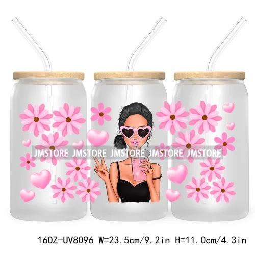 Woman With Bubble Gum Pink UV DTF Sticker For 16OZ Libbey Glass Cup Can Wrap Transfer Stickers Custom Labels DIY Logo Messy Bun