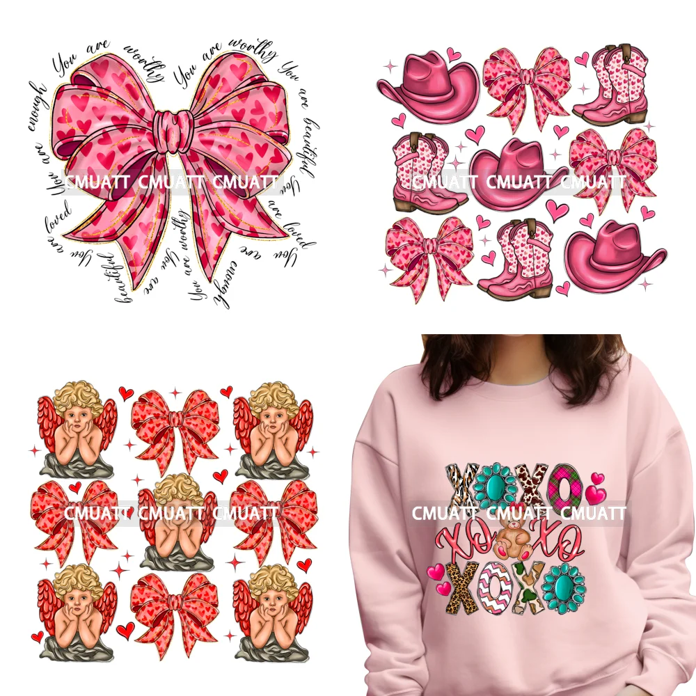 Pink Loved XOXO Coquette Bow Animal Western Cupid Sweet Valentine Iron On DTF Transfers Stickers Ready To Press For Sweatshirts