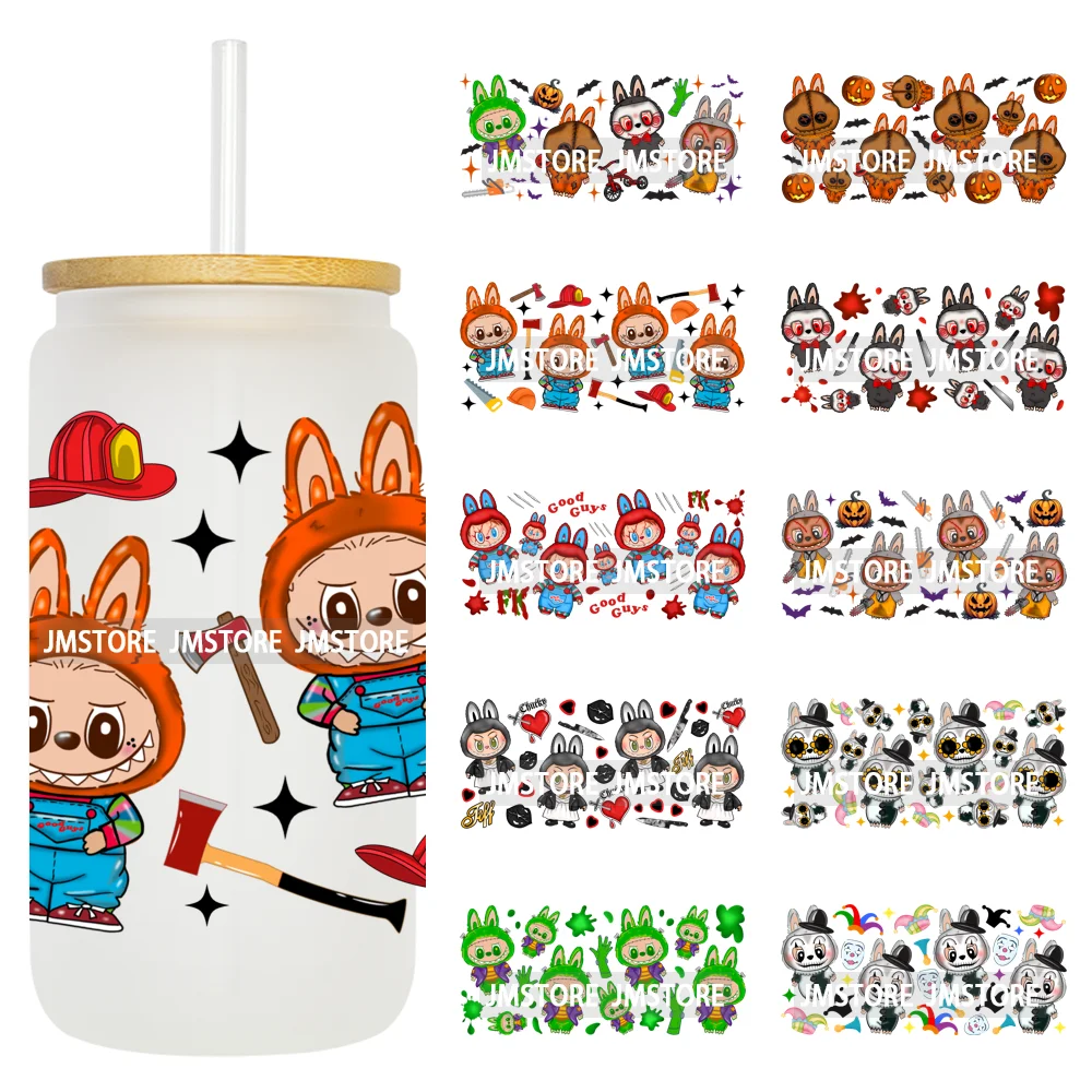 Laboo Cartoon Horror Halloween Characters 16OZ UV DTF Cup Wraps Ready To Apply Waterproof Transfer Stickers For Libbey Glass Can