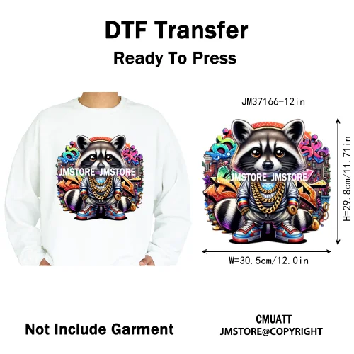 12in Colorful Gangster Urban Hip Hop Music Panda Dog Animal Lover Iron on DTF Heat Transfer Stickers Ready to Press for Clothing