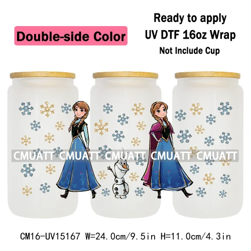 Double Sided Color UV DTF Cup Wraps 16OZ Bulk Waterproof Wholesale Custom Cartoon Cute Princess Mug Glass Water Bottles Sticker