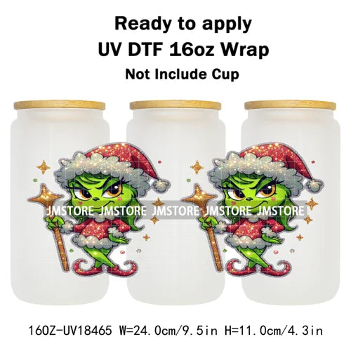 Faux Glitter Christmas Girl Green Guy UV DTF Stickers Ready To Apply Cup Wrap Custom Labels DIY Craft For Libbey Glass Can Mugs