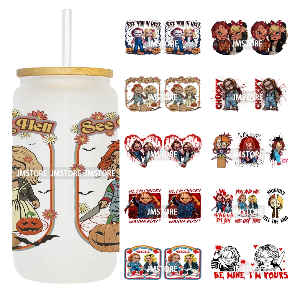 Scary Couple Halloween Villain UV DTF Cup Wrap Ready To Apply Transfer Stickers Durable 16OZ Tumbler Wraps For Libbey Glass Can