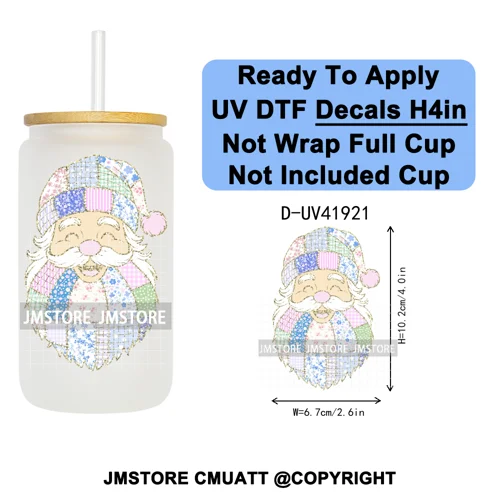 Christmas Santa Claus Patchwork UV DTF Decals Ready To Apply Waterproof Transfer Stickers DIY Crafts For 16OZ Libbey Glass Can