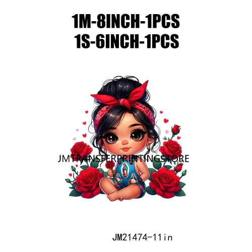 New Chibi Chicana Lovely Bow Rose Baby Girls Latina Princess Iron On DTF Heat Transfer Stickers Ready To Press For Clothing