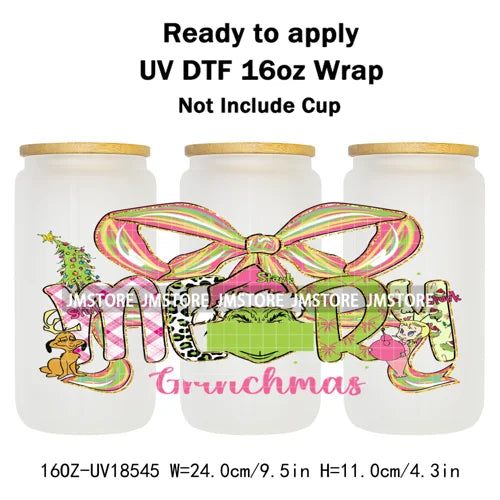 Coquette Bow Christmas Green Character UV DTF Stickers Ready To Apply Cup Wrap Custom Labels DIY Craft For Libbey Glass Can Mugs