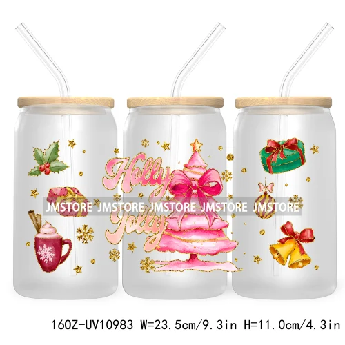 Coquette Glitter Holly Jolly Christmas Tree UV DTF Cup Wrap For Libbey Glass Can Transfer Stickers Waterproof Custom Labels Gift