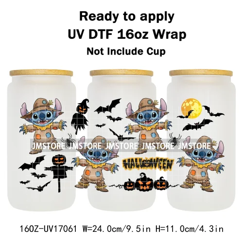 Spooky Halloween Boo Bats Pumpkin Horror Cartoon 16OZ UV DTF Cup Wraps Ready To Apply Transfer Stickers For Libbey Glass Can Mug
