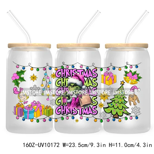 In My Christmas Era UV DTF Sticker For 16OZ Libbey Glass Cup Can Wrap Green Character Transfer Stickers Custom Labels DIY Logo