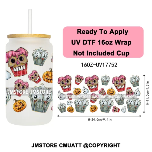 Halloween Cupcake Cartoon Character Ghost 16OZ UV DTF Cup Wraps Ready To Apply Waterproof Transfer Stickers For Libbey Glass Can