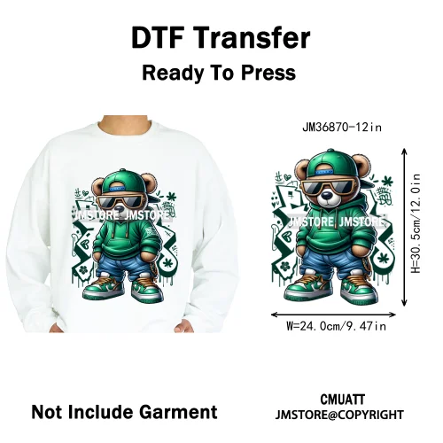 12in Colorful Graffiti Urban Stree Vibes Fearless Gangster Bear Washable Iron on DTF Transfer Sticker Ready to Press for Clothes