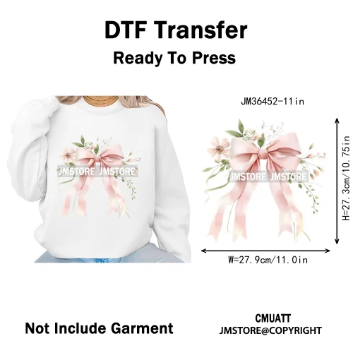 Pink Bow Silk Wedding Coquette Girl Ribbon Tied Printing Iron on DTF Thermal Transfers Stickers Ready to Press for Clothing Bags