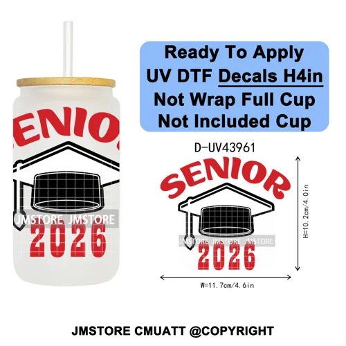 Girly University Graduation 2026 UV DTF Decals Ready To Apply Waterproof Transfer Stickers DIY Crafts For 16OZ Libbey Glass Can