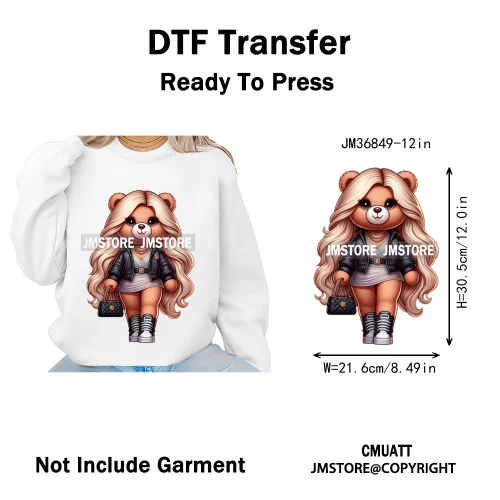 12in Girls Female Teddy Bear Duck Urban Sneakers Animal Washable Iron on DTF Transfers Stickers Ready to Press for T-shirts Bags