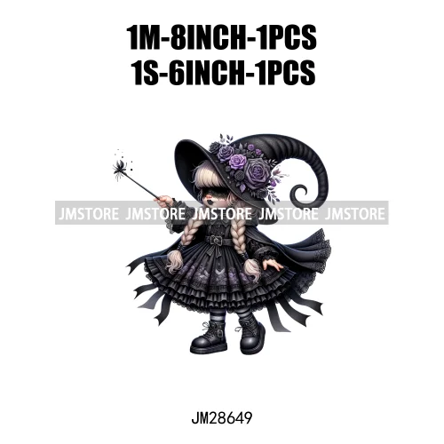 Gothic Girl Gnomes Halloween Witch Dolls Black Flowers Horror Vibes Iron On DTF Transfers Stickers Ready To Press For Clothing