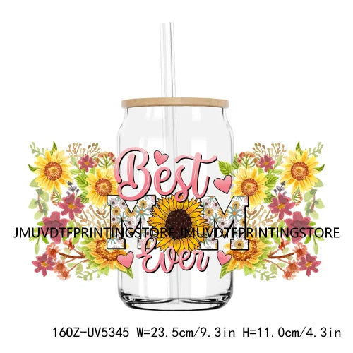 Best Mama With Flowers Mother's Day UV DTF Sticker For 16OZ Libbey Glass Cup Can Mom Wrap Transfer Sticker Custom Label DIY Logo