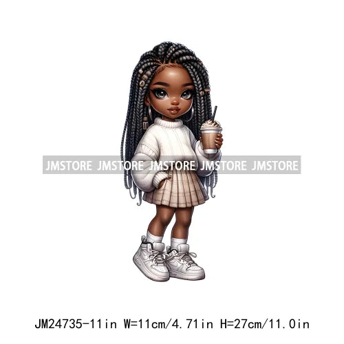 Dreadlocks Coffee Chibi Black Girls Pink Fashion African American Denim Girl Iron On DTF Heat Press Transfer Stickers For Shirts