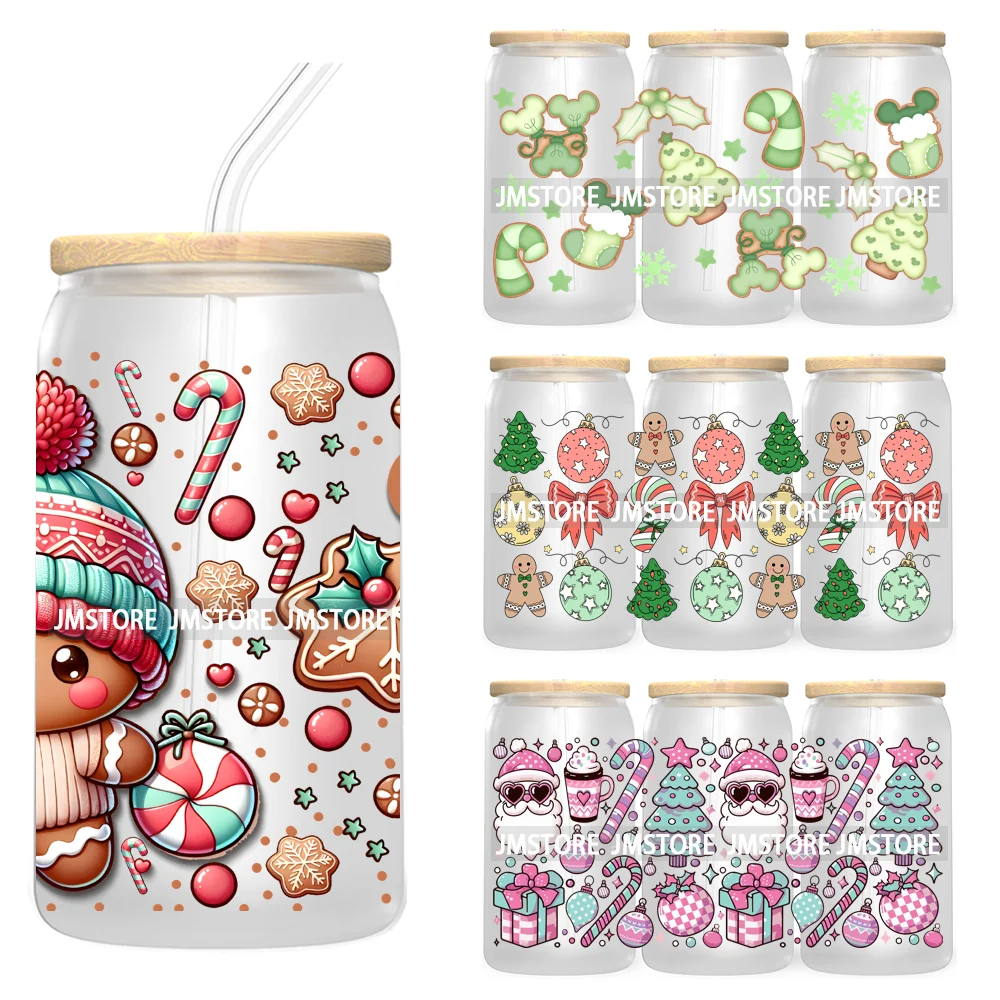 Retro Christmas Santa Claus 16OZ UV Cup Wrap DTF Transfer Stickers For Libbey Glass Can Cups Tumbler Cookie Gingerbread Dog Mom