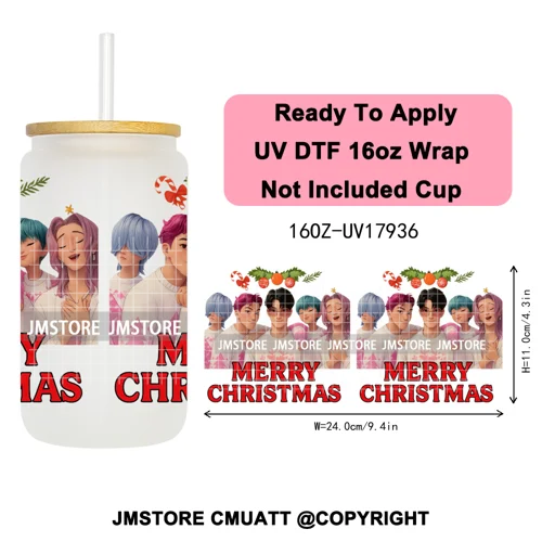 Kpop Demon Inspired Movie Christmas Santa Hat 16OZ UV DTF Cup Wrap Ready To Apply Durable Transfer Stickers For Libbey Glass Can