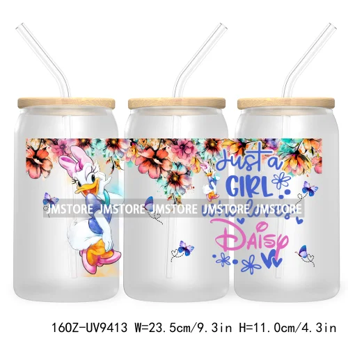 Just A Girl Who Loves Cartoon Princess 16OZ UV Cup Wrap DTF Transfer Stickers For Libbey Glass Can Cups Tumbler Waterproof Label