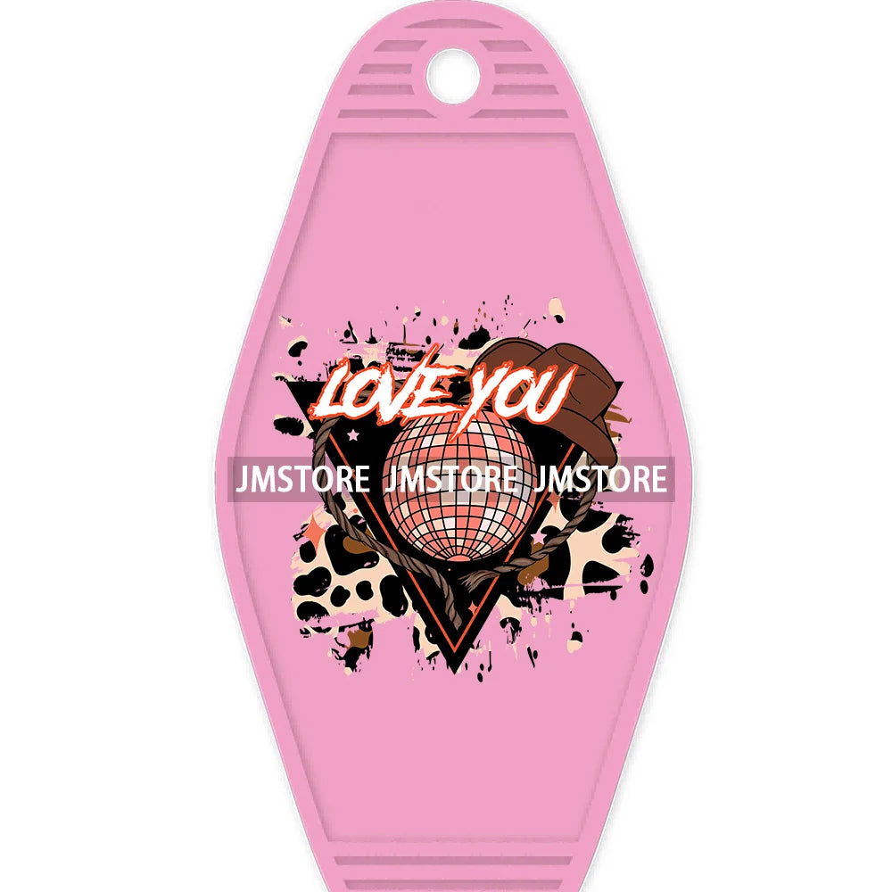 Pink Cowgirl Valentine's Day Candy Hearts High Quality WaterProof UV DTF Sticker For Motel Hotel Keychain Leopard Love Vibes