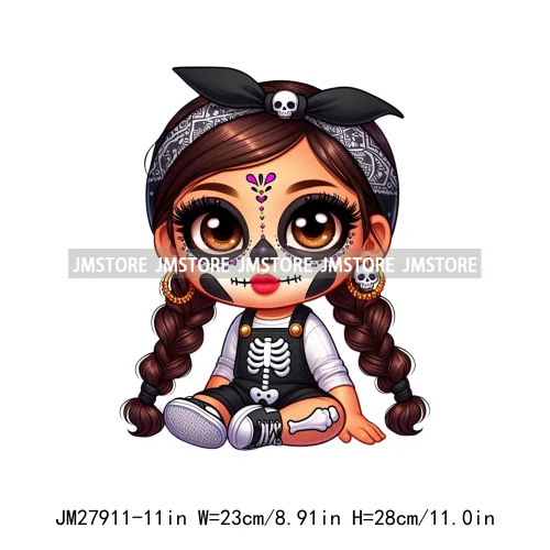 Halloween Skeleton Latina Baby Chibi Hispanic Girls Spooky Season DTF Iron On Transfers Stickers Ready To Press For Clothing