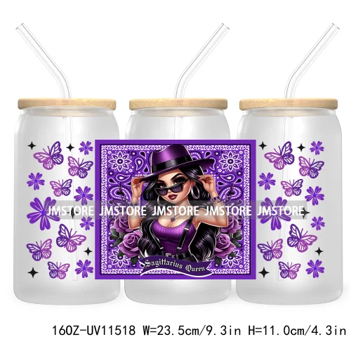 12 Zodiac Queens Chicana Mexican Girl 16OZ UV Cup Wrap DTF Transfer Stickers For Libbey Glass Can Cups Tumbler Waterproof Labels