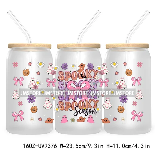 Coquette Pumpkin Autumn 16OZ UV DTF Cup Wrap Transfer Stickers Custom Waterproof Label For Libbey Glass Can Cute Ghost Halloween