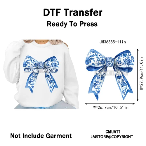 Blue And White Toile Chinoiserie Floral Coquette Bow Thermal Decals Iron on DTF Transfers Stickers Ready to Press for Clothing