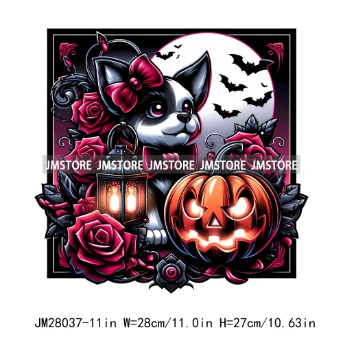 Cute Animals Skull Red Rose Pumpkin Halloween Spooky Vibes Design Logo Iron On DTF Transfer Stickers Ready To Press For Clothing