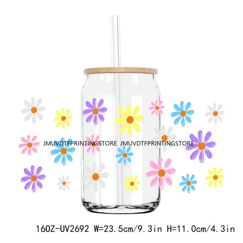 Colorful Wild Floral Flowers 16OZ UV DTF Cup Wrap Transfers Stickers Custom Labels DIY Waterproof Logo For Libbey Glass Can