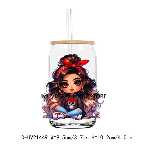 Chibi Cute Chicana Doll With Rose UV DTF Transfers Stickers Decals For Libbey Cold Cups Mugs Tumbler Mexico Waterproof DIY Logo