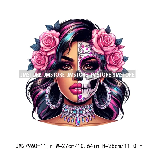 Raninbow Diamond Glamor Latina Skeleton Woman Rose Chicana  Earing Girls DTF Iron On Heat Press Transfer Stickers For Clothes