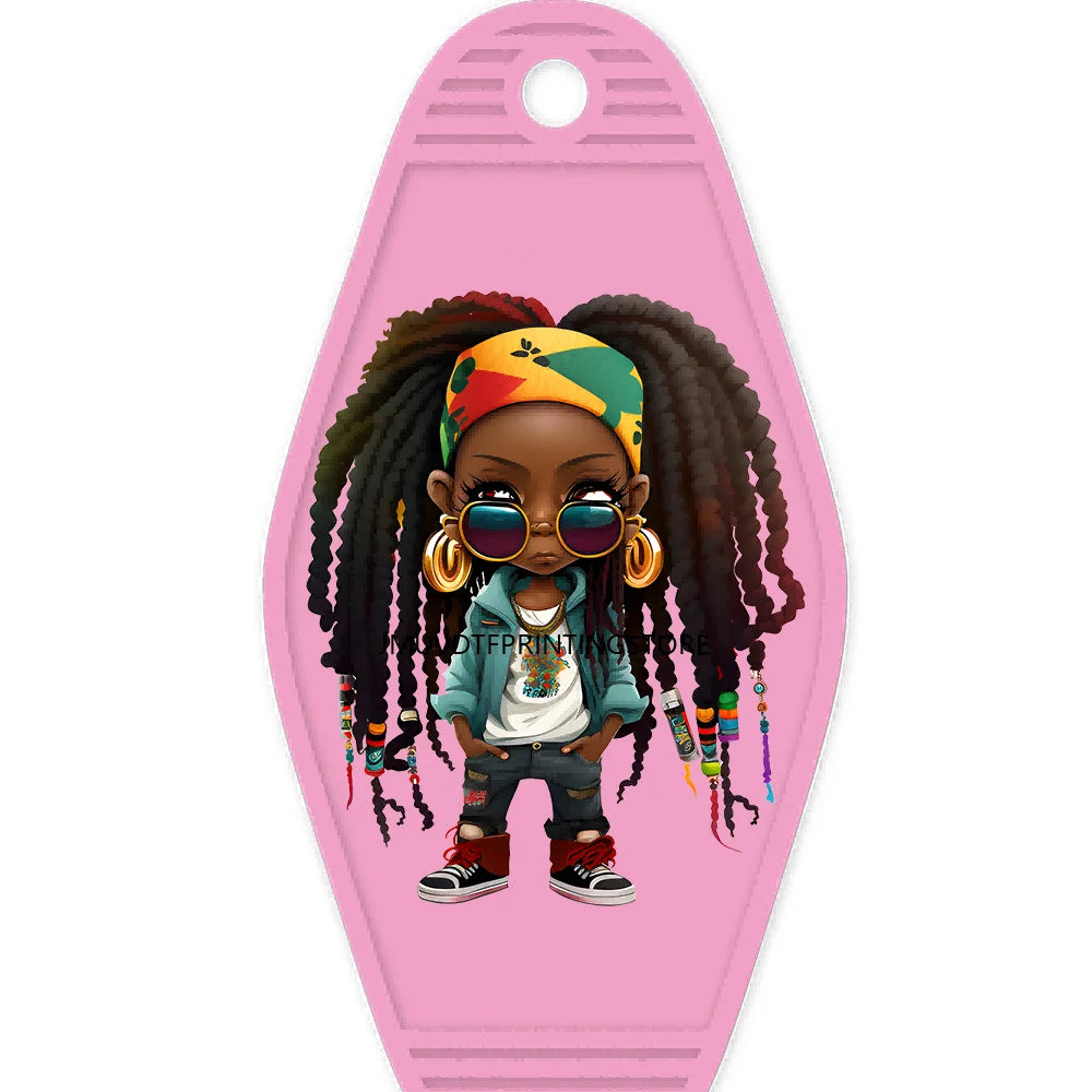 Cool Dreadlock Afro Girl High Quality WaterProof UV DTF Sticker For Motel Hotel Keychain Black Hip Hop Kids