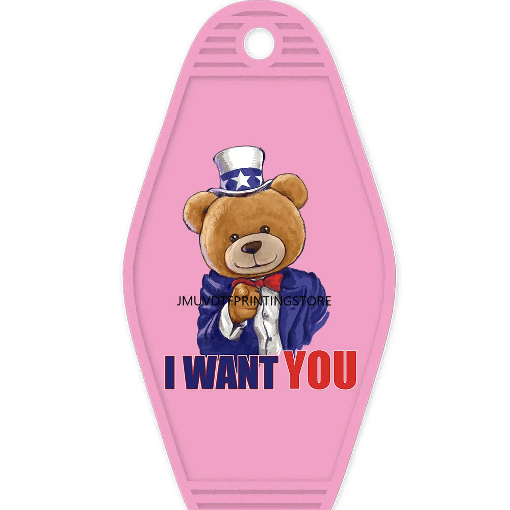 Famous Hustle Bear High Quality WaterProof UV DTF Sticker For Motel Hotel Keychain Colorful Teddy Bears