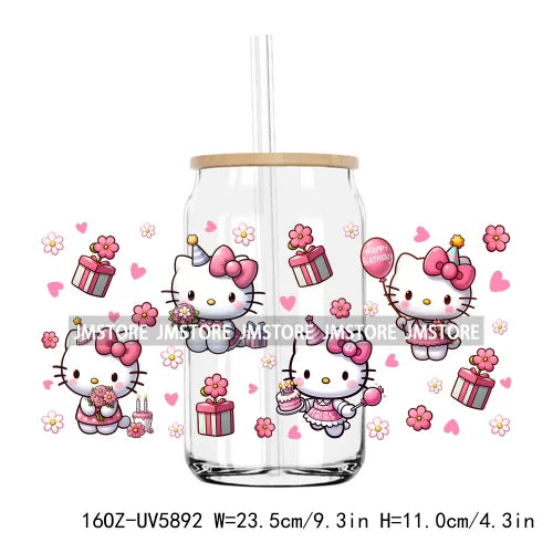 Flower Cartoon Cat With Pink Bow 16OZ UV DTF Cup Wrap Transfer Sticker Custom Label Durable Waterproof Logo For Libbey Glass Can