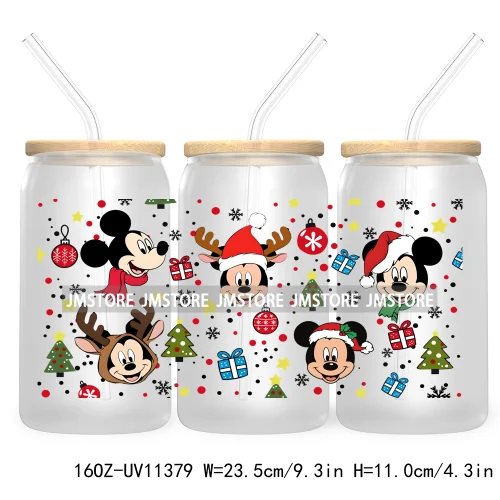 Cute Kids Cartoon Character With Christmas Lights Tree Xmas Holiday UV DTF Transfer 16OZ Libbey Glass Can Wrap Ready to Apply