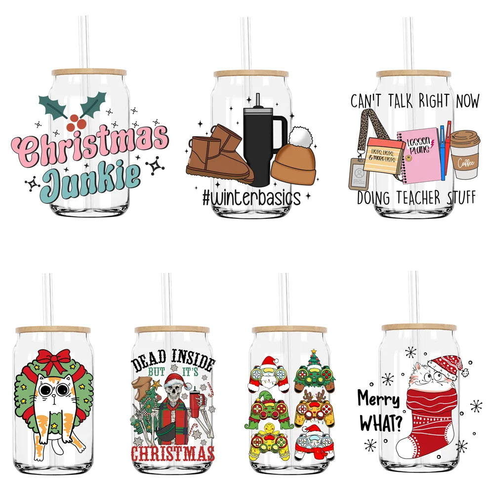 Dead Inside But It's Christmas Skeleton UV DTF Transfers Stickers Decals For Libbey Cold Cups Mugs Tumbler Waterproof DIY Logo