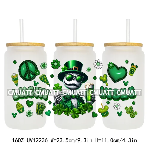 Cartoon Princess Girls St Patricks' Day Lucky Vibes 16OZ UV DTF Cup Transfer Wrap Sticker Waterproof Logos For Libbey Glass Can