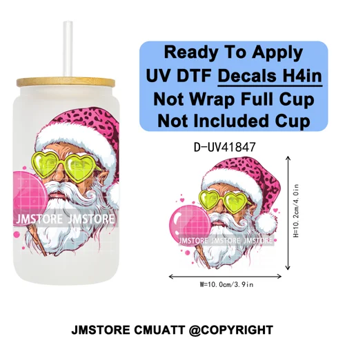 Retro Santa Claus Blowing Bubble Christmas UV DTF Decals Ready To Apply Waterproof Transfer Stickers For 16OZ Libbey Glass Can